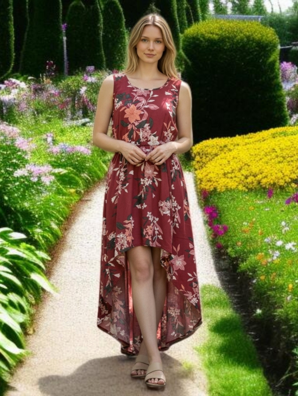NWT TORRID (10/12) Sleeveless Floral Hi-Low Dress in Burgundy